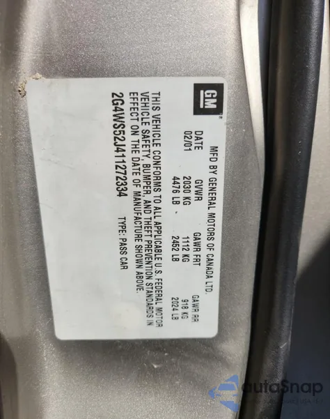 2001 Buick Century Custom из США, поврежденный, VIN 2G4WS52J411272334